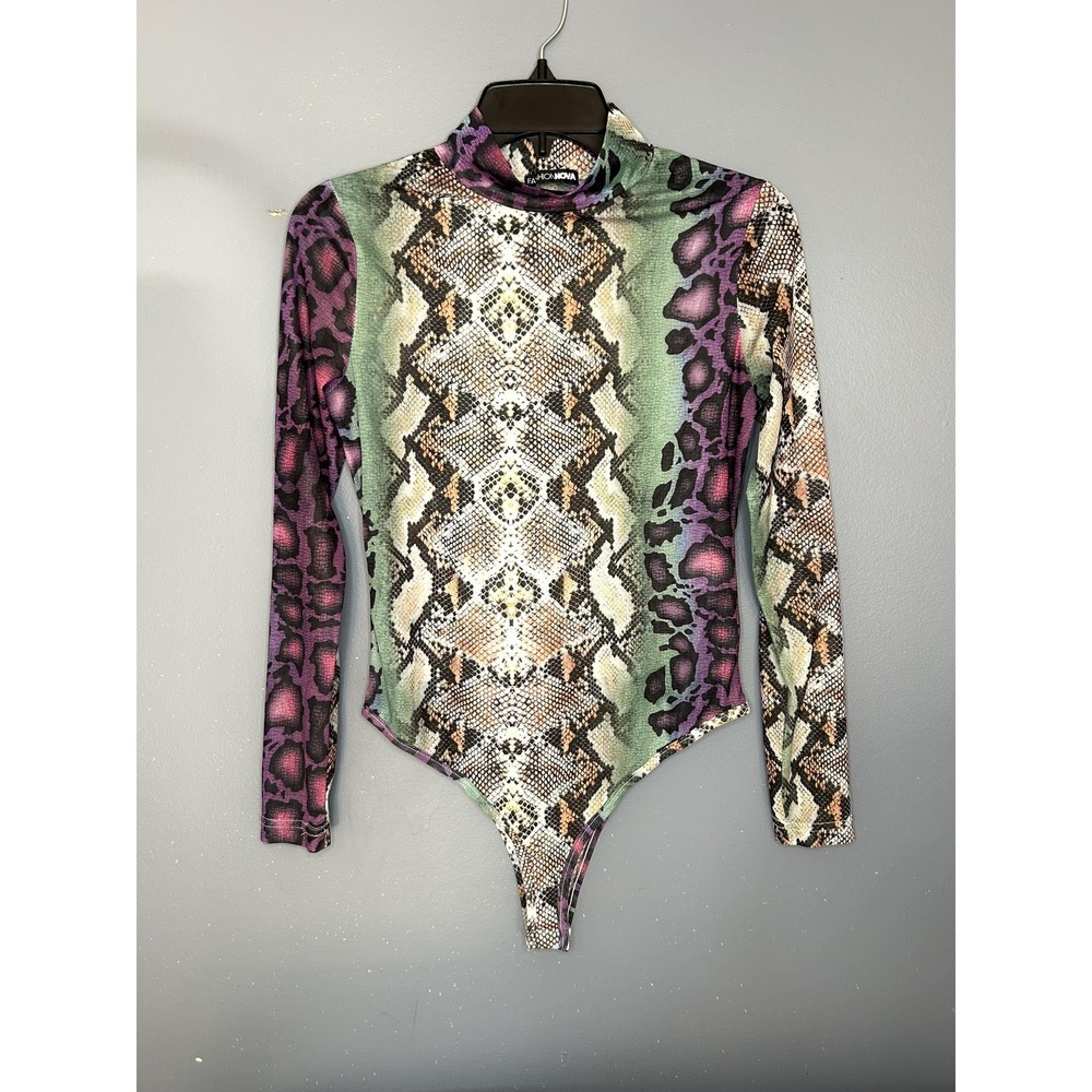 Fashion Nova Sheer Bodysuit L Multicolor Snakeskin Animal Print Mesh Long Sleeve